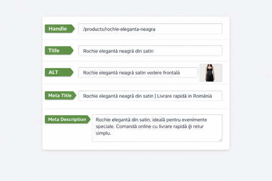interfata editare produs campuri handle title alt meta title meta description